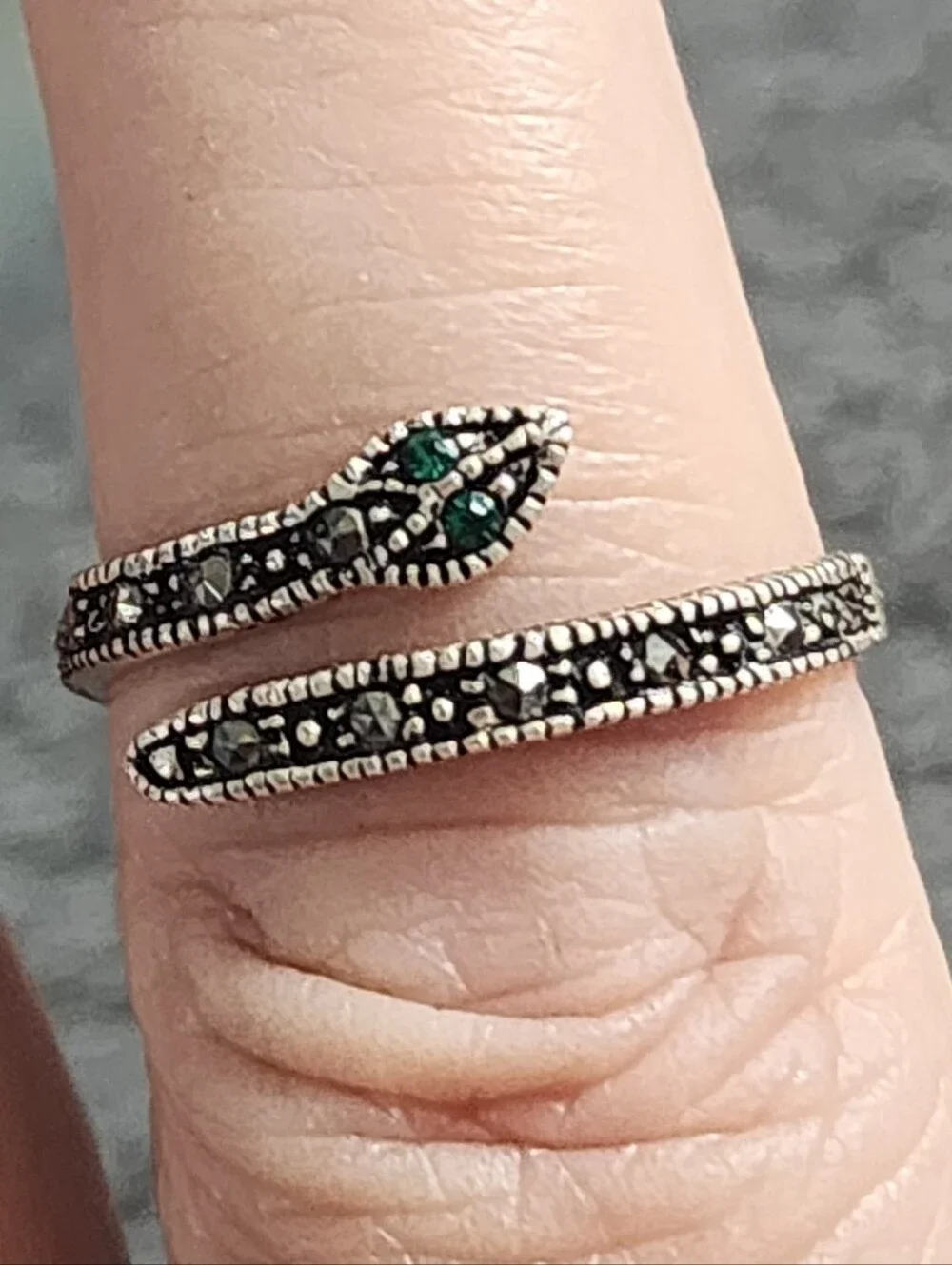 Sterling Silver Marcasite Snake Wrap Ring with Green Stone Eyes